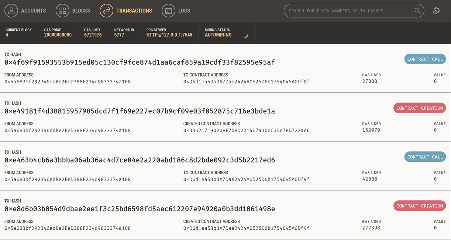 Ganache transactions